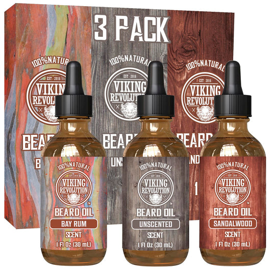 Viking Revolution Beard Oil - Natural Conditioning & Moisturizing Set | 3 Scents: Sandalwood, Unscented, Bay Rum (1oz Each)