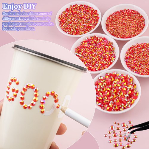 25000Pcs Resin Rhinestones for Crafting, Red AB 2-6mm Mixed Sizes Non Hotfix Flatback Gems with 1Pcs Glue, Bedazzling Crystal for DIY Craft Clothing Mugs Tumblers Shoes Fabric Decor Nail Art