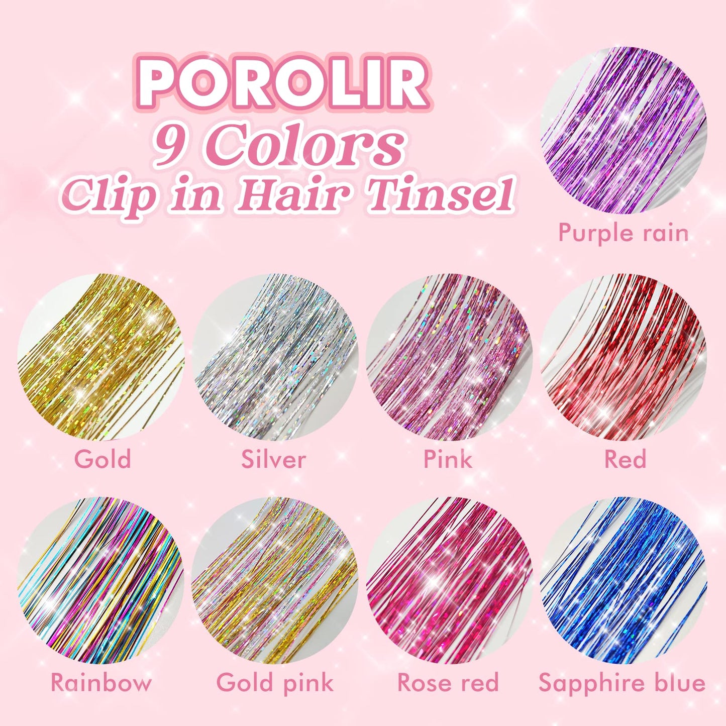 Clip in POROLIR Glitter Fairy Hair Extensions Kit - 6Pcs 20 Inch Shiny Sparkly Strands, Heat Resistant, Festival Gift for Women Girls Kids (Glitter Pink)