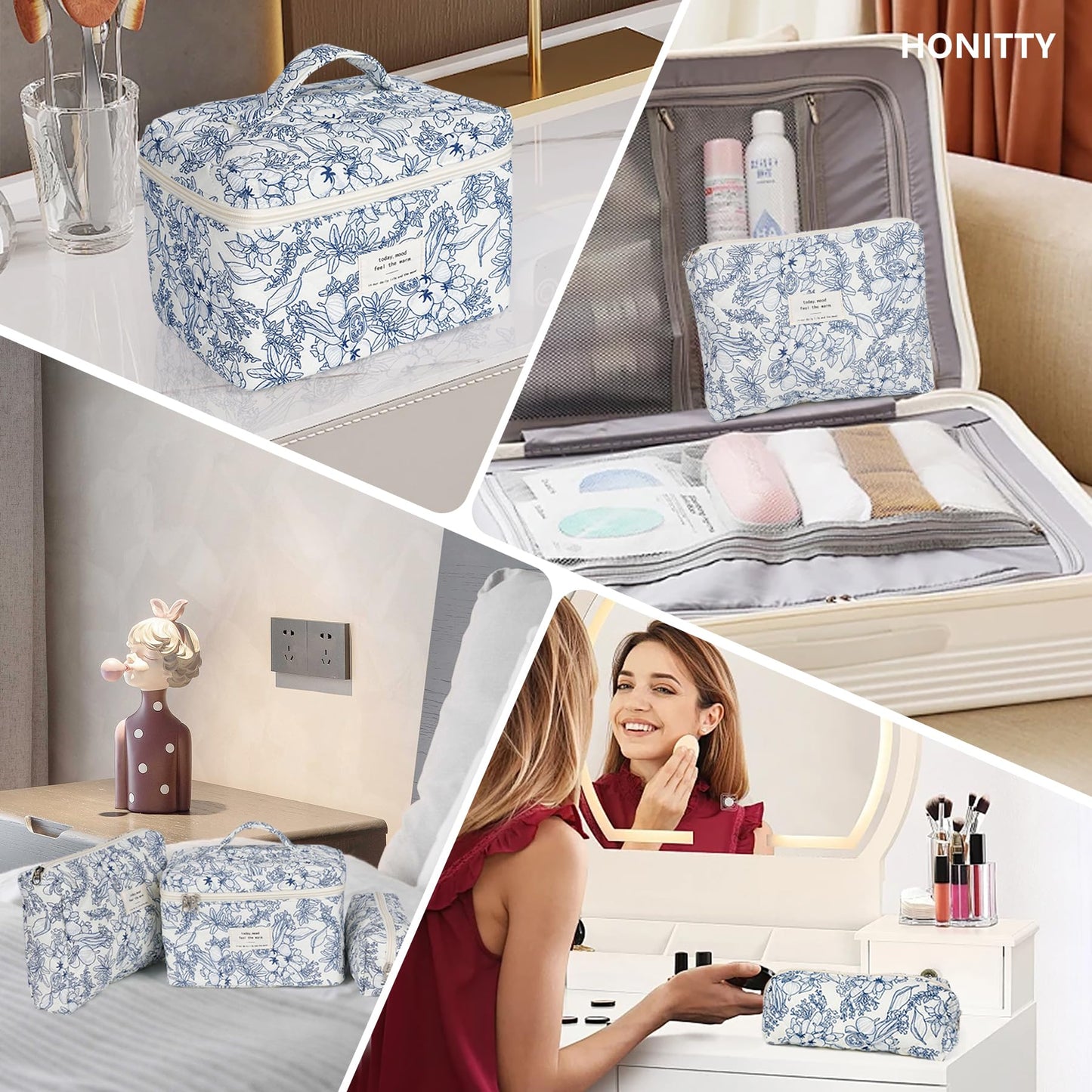 Makeup Bag,Quilted Cosmetic Bags,Large Floral Make Up Organize bag,Makeup Bag Set for Women,Flower Travel Toiletry Bag