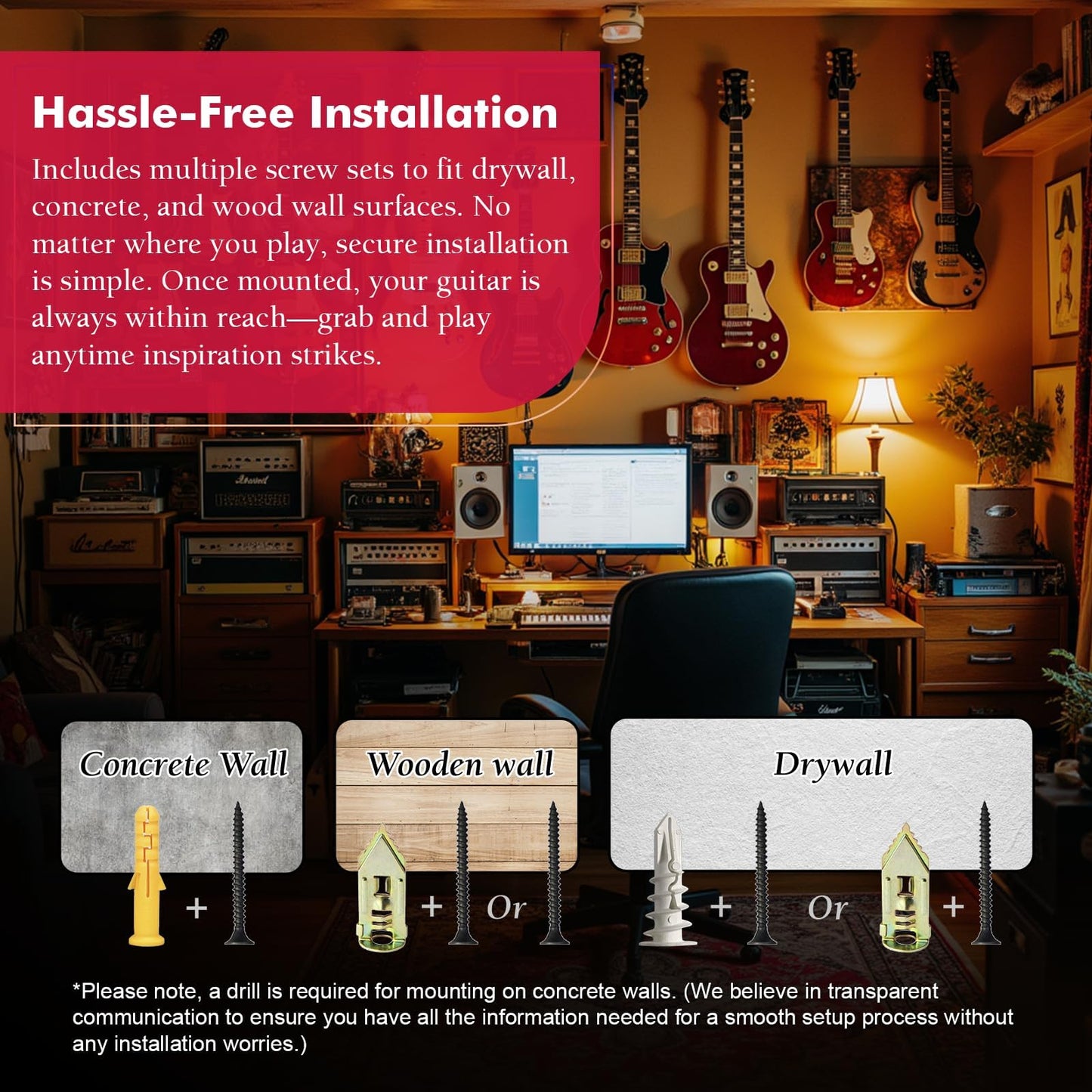 Guitar Wall Mount - Ashwood Hardwood Guitar Wall Hangers, Guitar Picks, Pick Holder, Guitar Accessories, U-Shape Hardwood Guitar Hanger, Gifts for Guitarists, with 6 Assorted Guitar Picks