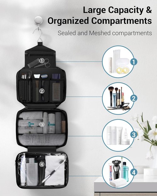 Maliton Toiletry Bag - Waterproof Travel Organizer for Men & Women | 4 Compartments, Large Size (Black)