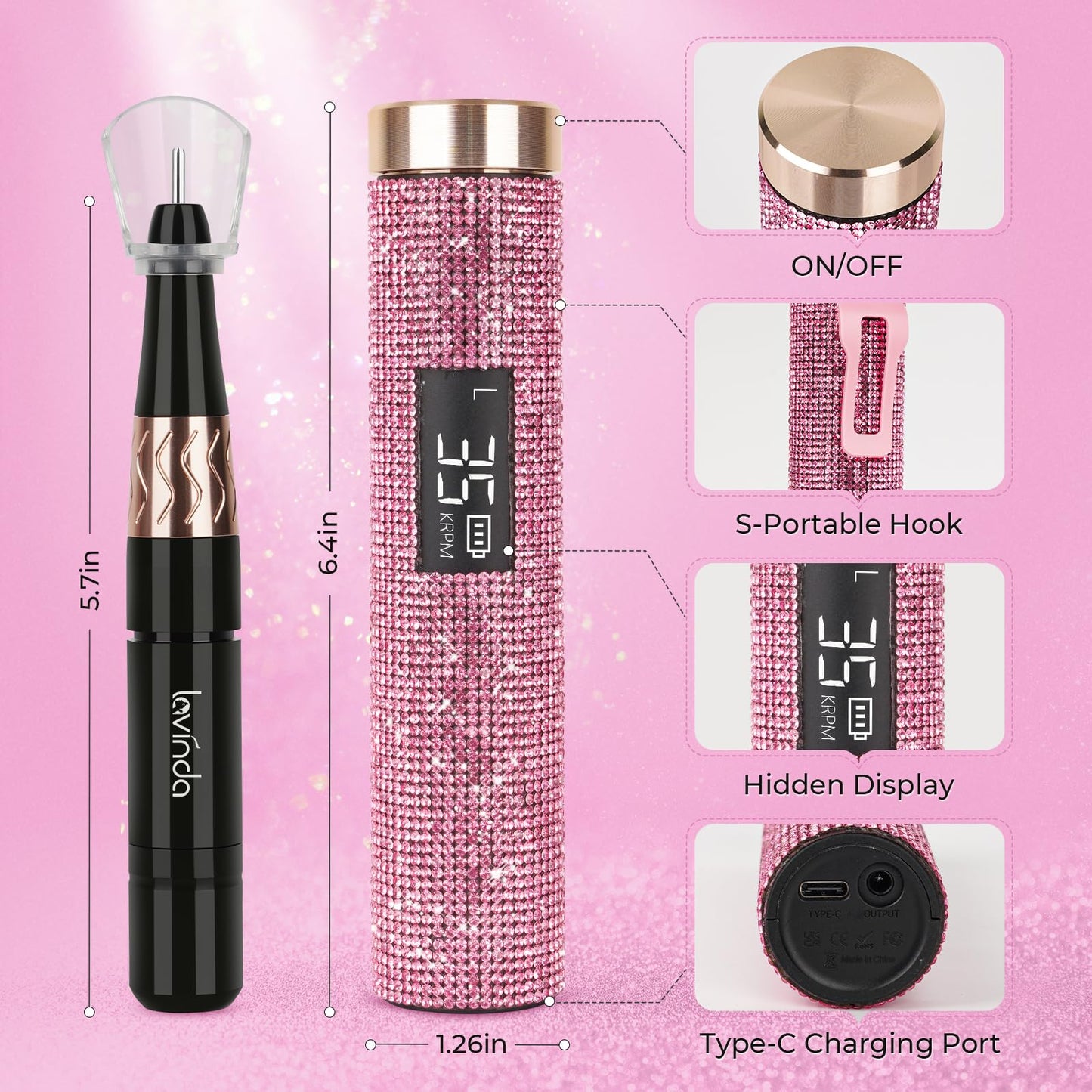 Professional Rechargeable Nail Drill Machine, Lavinda Diamond 35000RPM Electric Nail File Cordless Portable Nail Drill with Coreless Motor for Acrylic Nails, Manicure Pedicure Tool, Pink