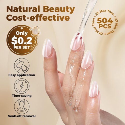 UNA GELLA Short Almond Nail Tips: 504PCS Short Fake Nails Soft Press On Gel Nail Tips Pre Shaped Almond Shape Home Nail Extension Full Cover, 12 Sizes Acrylic Gelly Tips