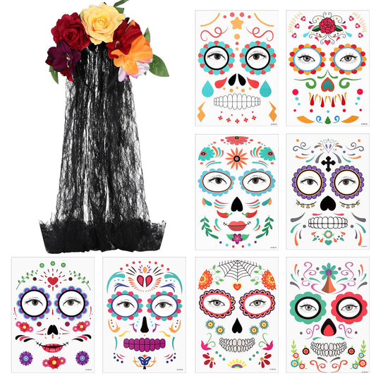 Maitys Day of Dead Headpiece Rose Floral Crown Veil and 8 Sheets Halloween Floral Skull Temporary Face Tattoo Stickers for Women Parties(Vivid)