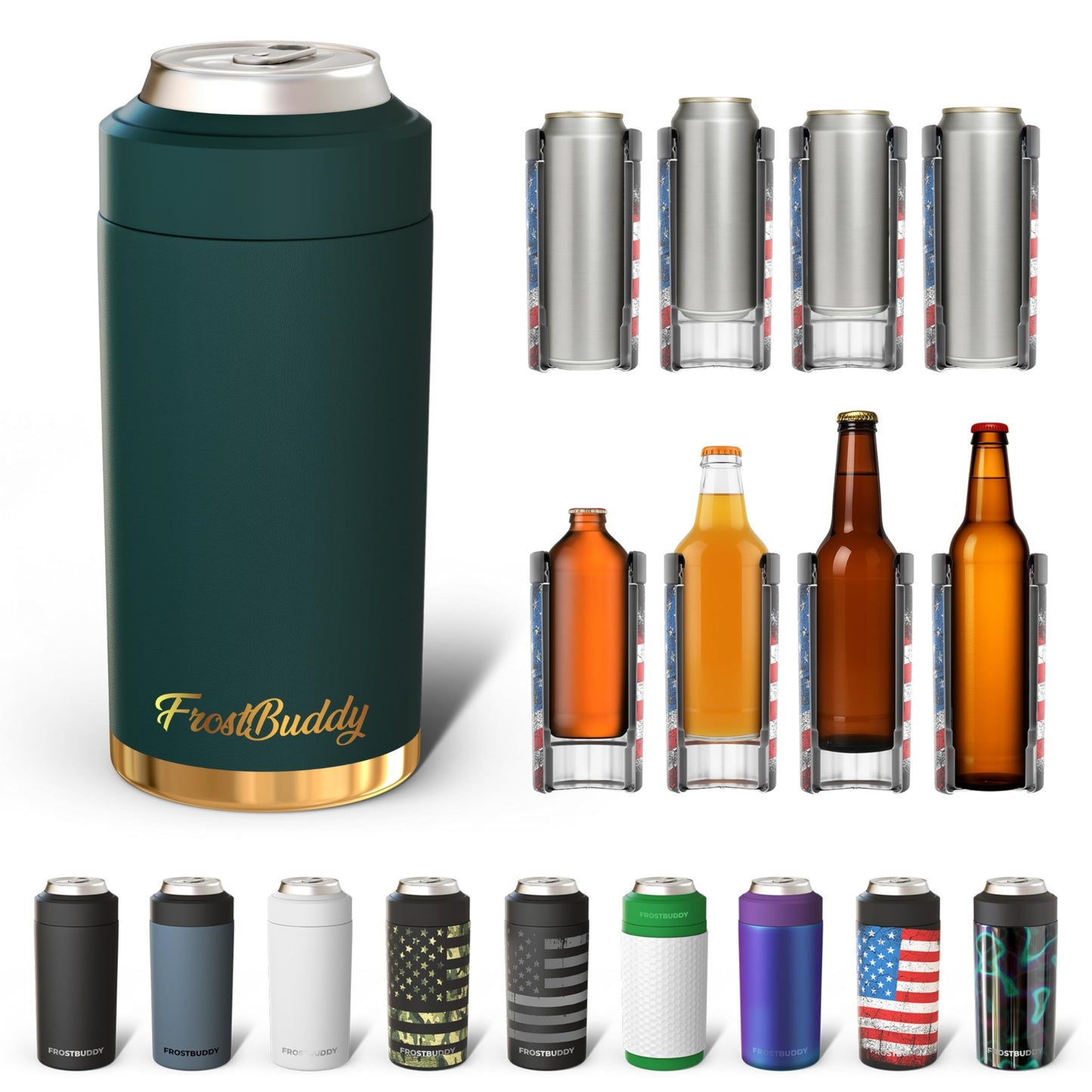 Frost Buddy Universal Buddy Can Cooler - Fits All - For Regular 12 & 16 oz or Slim-Size Bottles - Insulated Double -Walled Stainless Steel (All white)