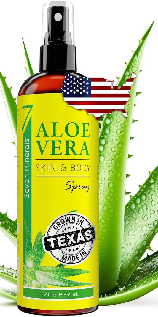 Seven Minerals Organic Aloe Vera Spray - Extra Strong, Rapid Absorption, No Sticky Residue | 12 fl oz Made in USA