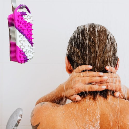 2 PC Silicone Exfoliating Body Scrubber, 2 in 1 Silicone Body Shampoo Brush, Soft Silicone Loofah for Sensitive Skin, Shower Silicone Hair Scalp Massager, Easy to Clean, Lather Well (Purple&Yellow)
