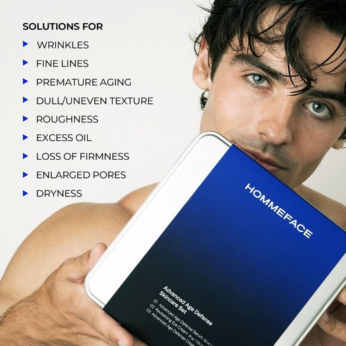 HOMMEFACE Men's Advanced Age Defense Skincare Set - Anti-Aging Serum, Eye Cream & Face Cream with Korean Technology