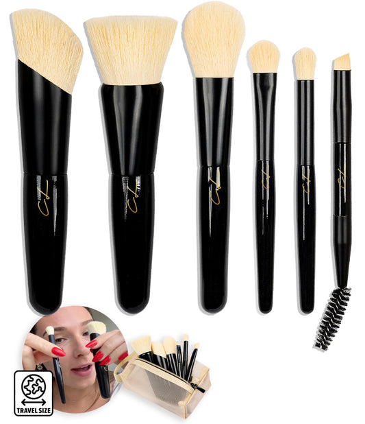 FULL FACE Travelista Midi Makeup Brush Set 7 Brush Types | 4.75-5 Inches Mini Makeup Brushes with Case | Synthetic Goat Make up Brushes | Easy Clean & Non-Staining Short Handle Travel Makeup Brushes