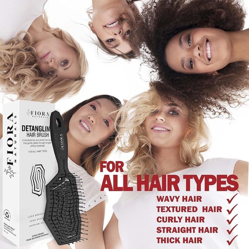 Fiora Naturals Hair Detangling Brush for Women - Detangler Hair Brush w/Flexible Soft Bristles- Gently Glides Through Tangles - Curly, Fine, Dry and Shower Wet HairBrush, cepillo para cabello - Black