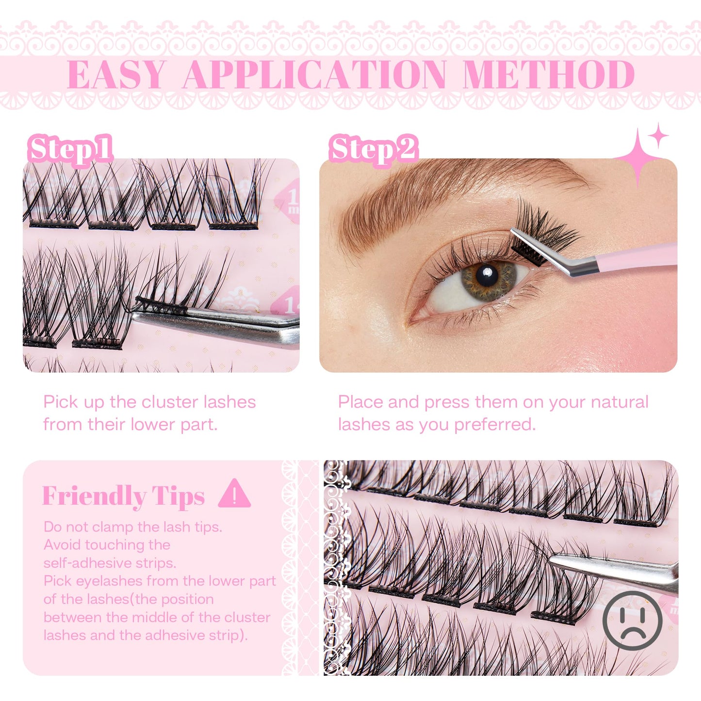 CALAILIS Self Adhesive Eyelashes 66Pcs Lash Clusters Press On Lashes, No Glue Needed Reusable DIY Eyelash Extensions Kit Pre Glued Eyelash Clusters with Lash Tweezers(DUO14,D-10-16mix)