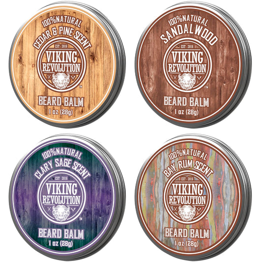 Viking Revolution Beard Balm Variety Pack - Styles, Strengthens & Softens Beards | 1oz Each - Sandalwood, Pine & Cedar, Bay Rum, Clary Sage