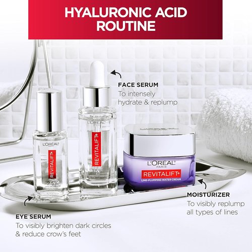 L'Oreal Paris Revitalift Moisturizer - Deeply Hydrating Hyaluronic Acid Water Cream | 1.7 oz + Serum Sample