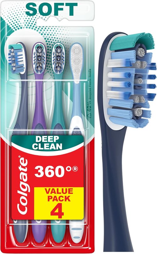 Colgate 360 Deep Clean Soft Toothbrush - 4-in-1 Bacterial Removal with Floss Tip Bristles | 4 Count