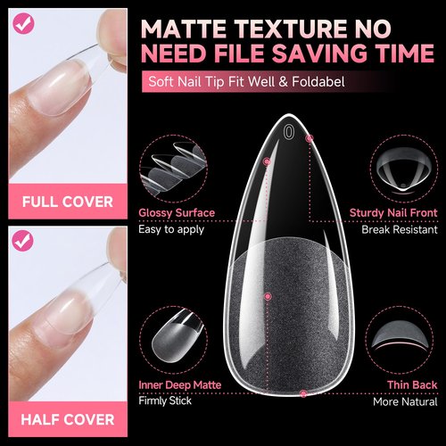 UNA GELLA Medium Stiletto Nails Tips,504Pcs Press-on Nails Stiletto Clear Gel Nail Tips, Full Cover Pre-Etched Fake Acrylic Nails, Sturdy for Nail Extensions Home Art Salon 12 Sizes