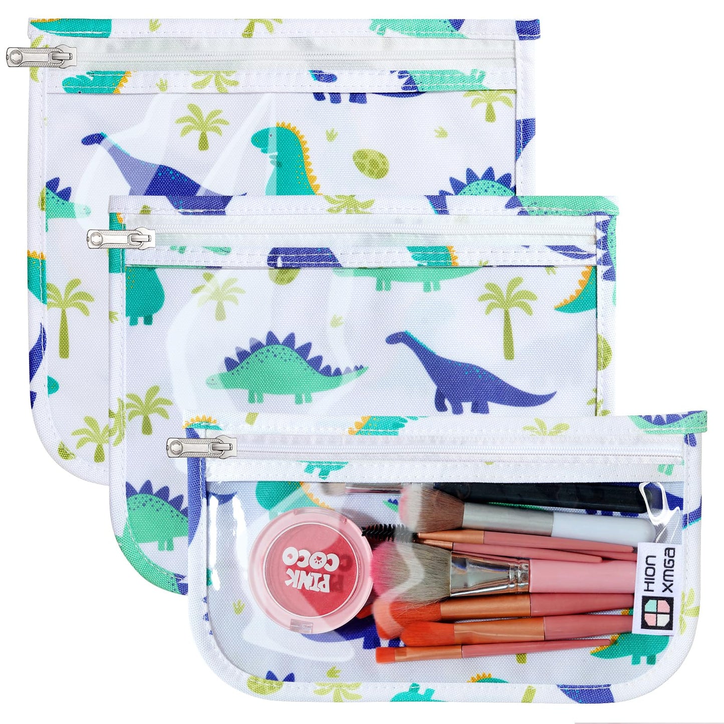 HIONXMGA TSA Approved Toiletry Bag, Set of 3 Clear Travel Toiletry Bag Quart Size Zipper Travel Pouch, Waterproof Makeup Cosmetic Bag for Women Men Kids Toiletries Carry on, Dinosaur White