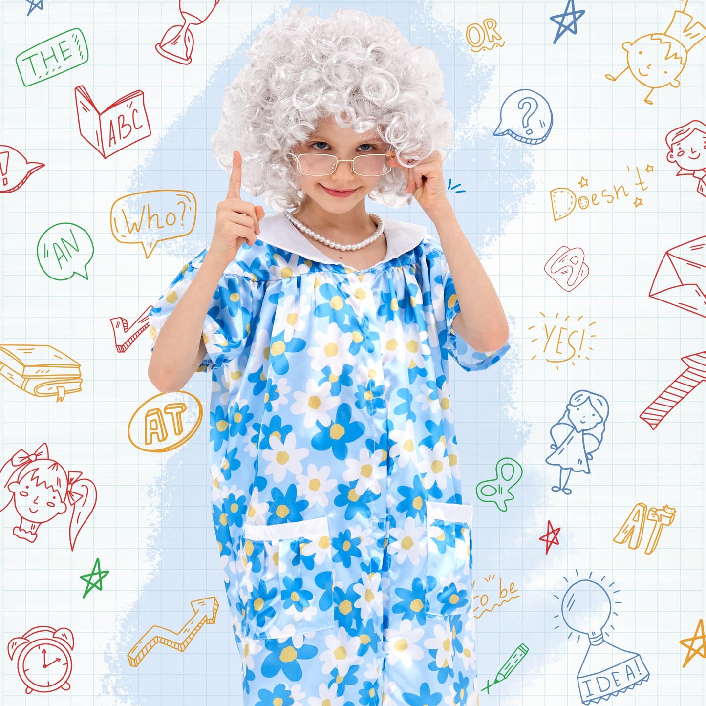 Joy Bang 100 Days of School Costume for Kids Girls, Old Lady Wig for Kids, Old Lady Costume, 100th Day of School Dress Up Cosplay, Pretend to be Grandma Costumes, XL