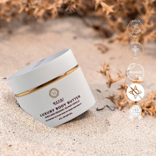 MZURI Body Butter - Whipped Shea & Island Vanilla Blend, Fast-Absorbing Moisturizer for Glowing Skin - 8 Fl. Oz