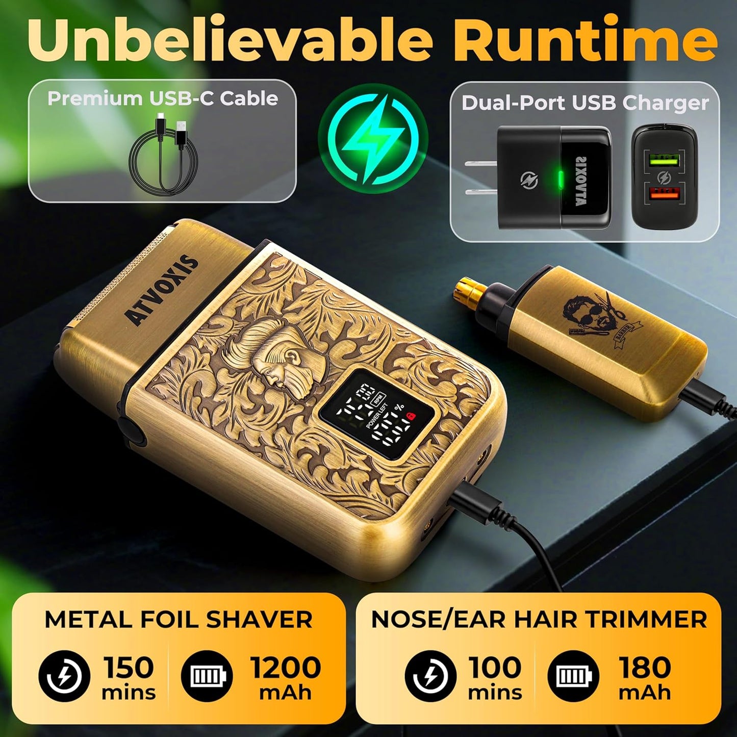 Skiennix All-Metal Foil Shaver - 3-Speed Electric Nose & Ear Hair Trimmer | Cordless, Fast Charging, Bronze