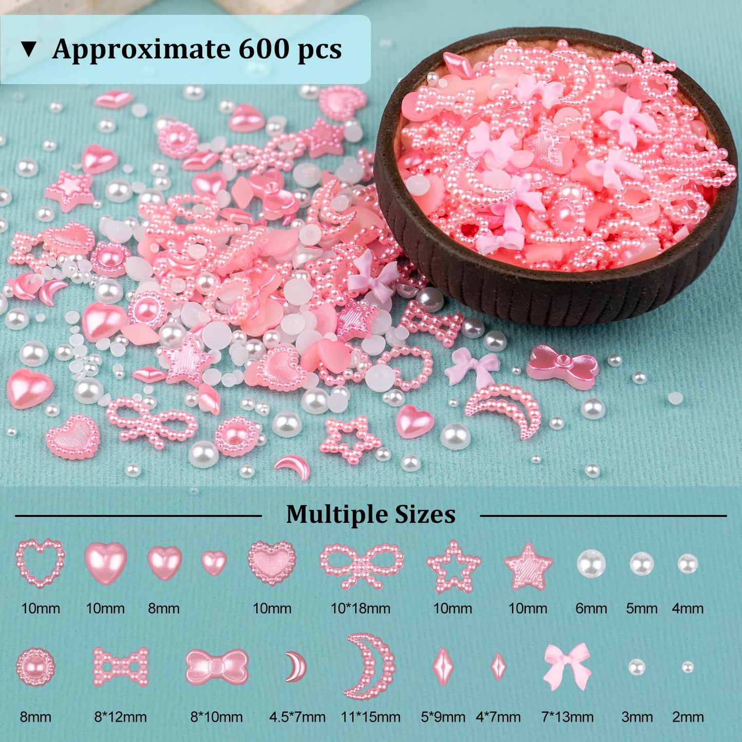 600Pcs 3D Multi Shapes Nail Charms and Flatback Pearls, Beige Mix Styles Heart Star Bow Sunflower Embellishments for Nail Art, Craft and Decoration with Glue Gel, Tweezer and Pickup Pencil