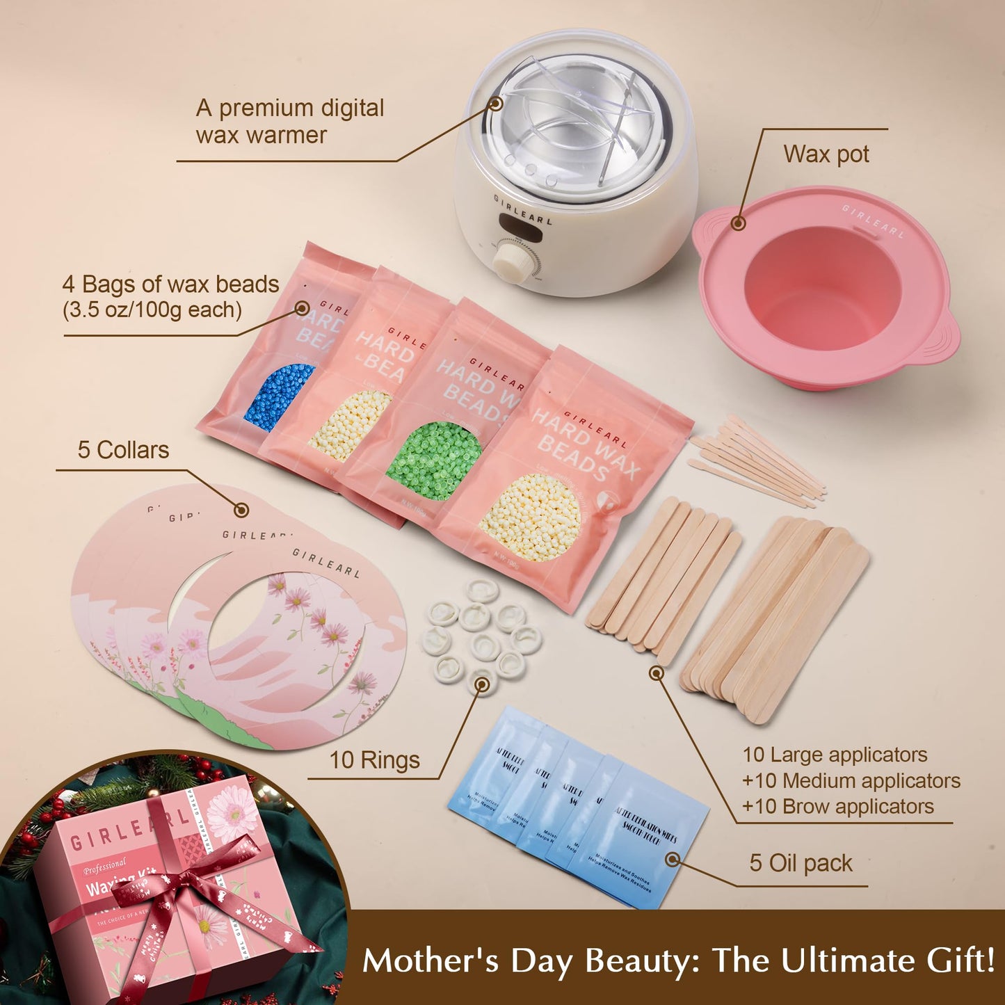 GIRLEARLE Premium Digital Waxing Kit for Women and Men, Wax Warmer Hair Removal at Home with Wax Beads & Silicone Pot, Target Different Types of Sensitive Skin Brazilian Bikini, Facial, Leg, Full body