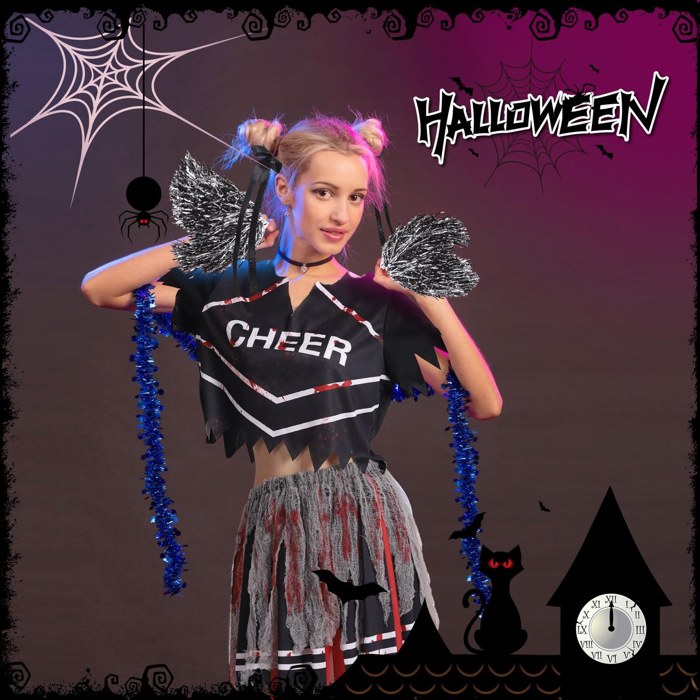 Blivergowell 7 Pieces Zombie Cheerleader Costume Women Halloween Cheerleader Outfit Set Top Skirt Hair Bow Rope Socks Pom Poms (Adult black, XL)