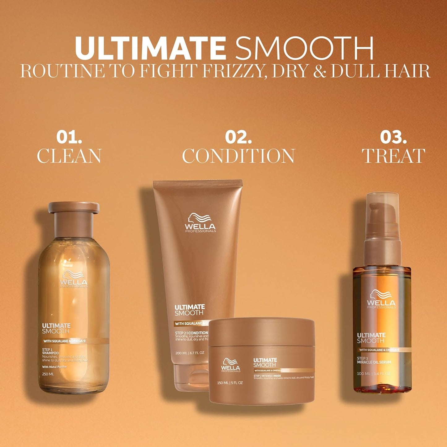 Wella Professionals Ultimate Smooth Shampoo, Conditioner & Miracle Hair Oil Bundle - Nourishes & Adds Shine for Dry, Frizzy Hair | Color Safe