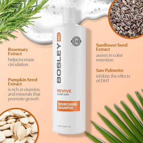 BosleyMD BosRevive Nourishing Shampoo for Thinning Hair - DHT Blocker, Sulfate-Free Vegan Formula with Biotin & Rosemary - 33.8 Fl Oz