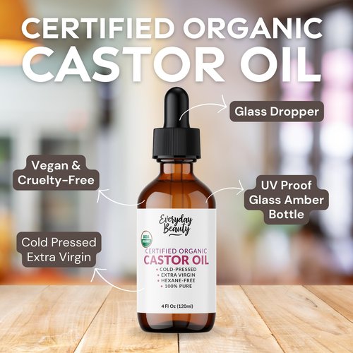 Organic Castor Oil - 100% Pure Certified USDA Organic, Cold Pressed & Hexane-Free, For Eyelashes, Eyebrows, Hair, Skin & Wellness Packs - 4 Fl Oz Glass Bottle & Dropper