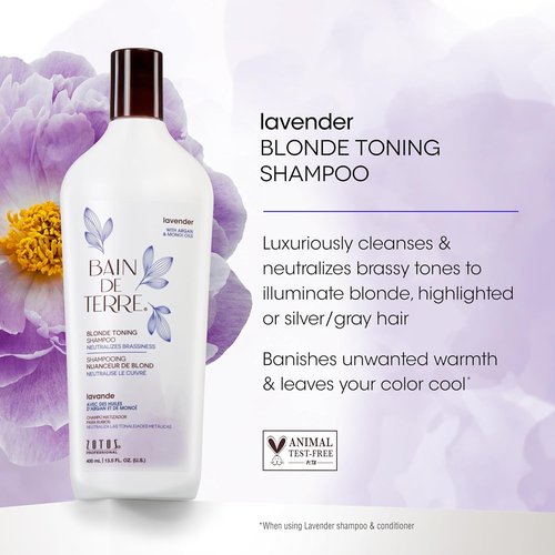 Bain de Terre Lavender Blonde Toning Shampoo - Neutralizes Brassy Tones for Cool Blonde Hair | 13.5 Fl Oz