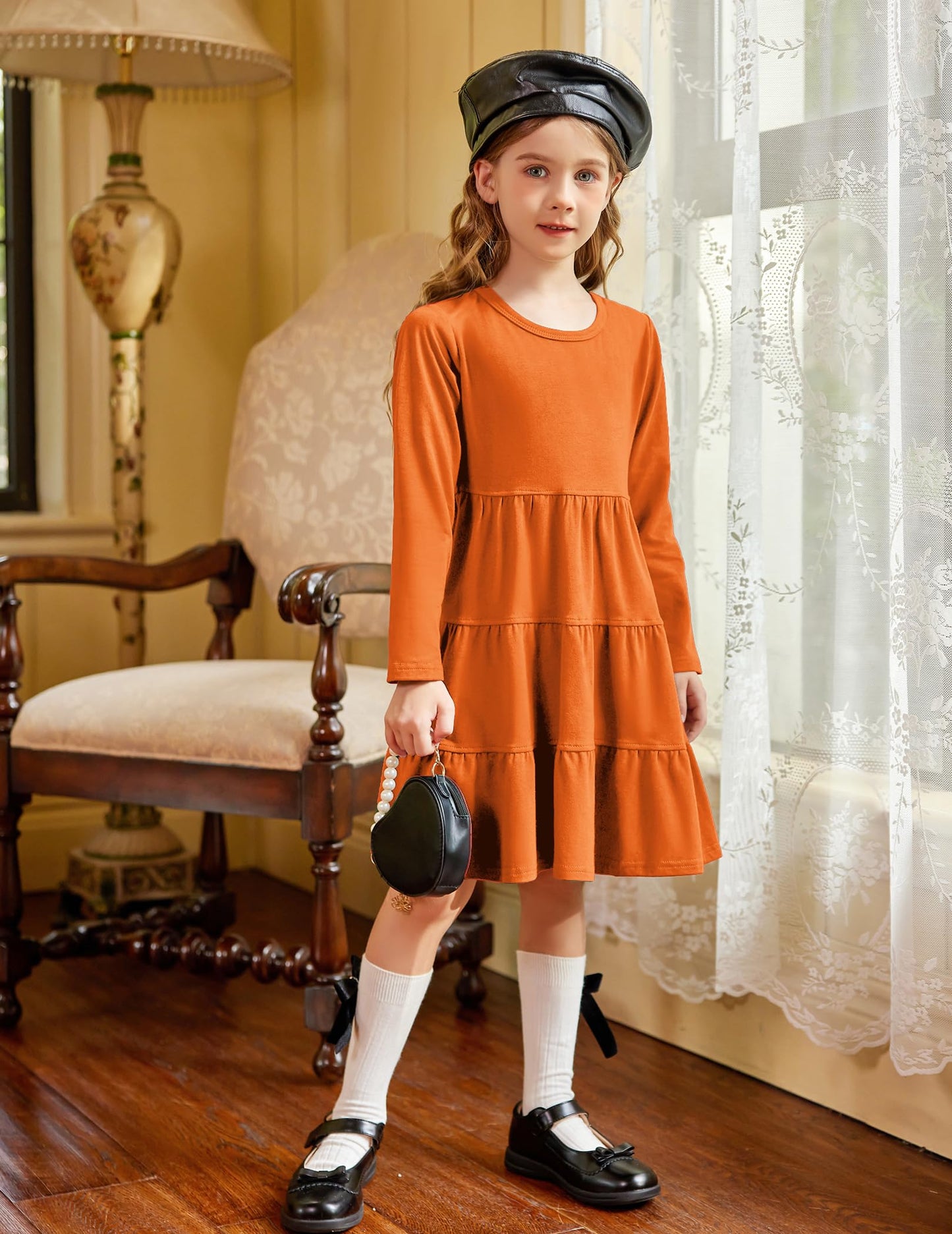 Arshiner Girls Long Sleeve Dress Fall Cotton Crewneck Tiered Ruffle Swing Solid Casual Midi Dresses Orange 6 Years