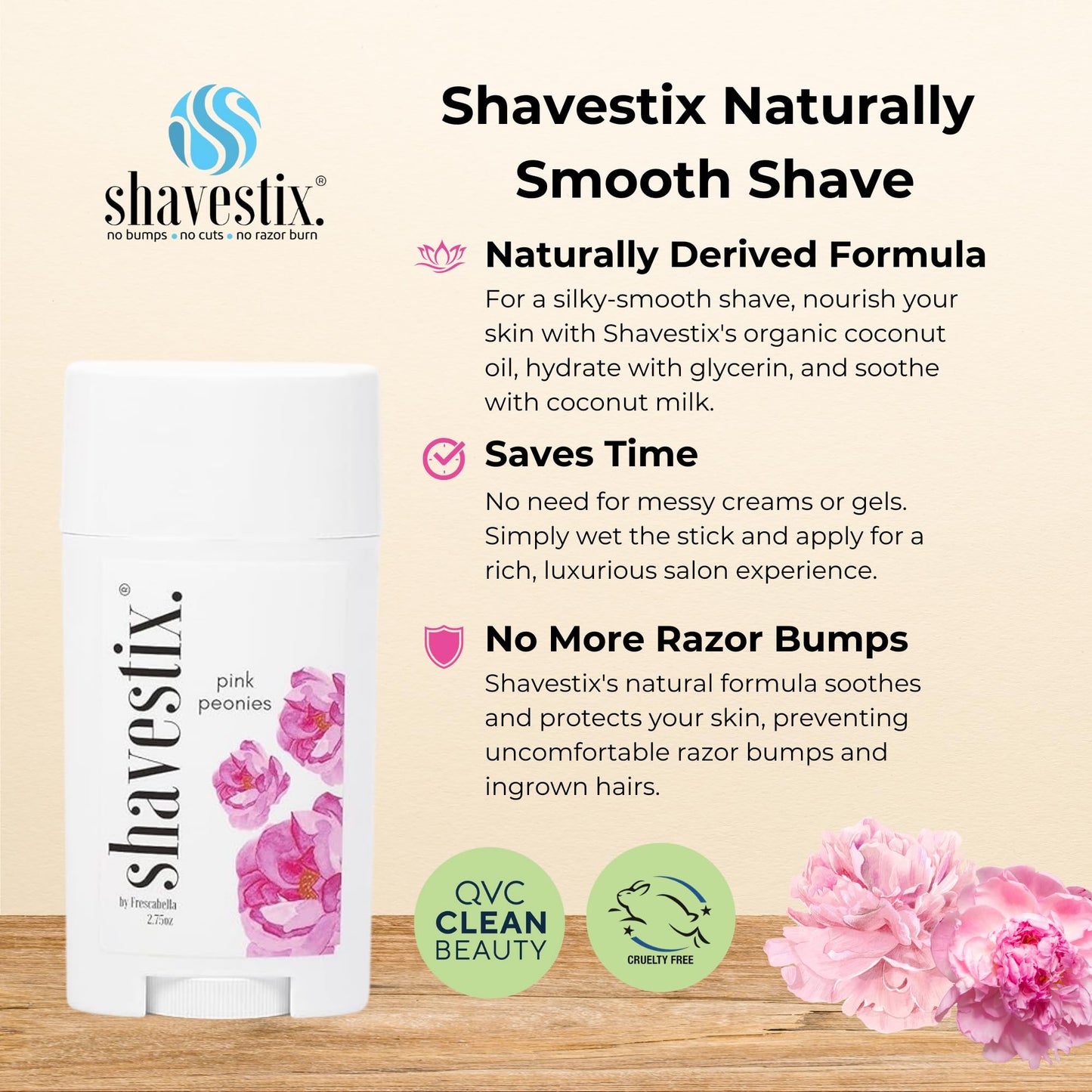 Shavestix Travel Size Shave Stick 2.75 Oz | Pink Peonies Scented Shaving Stick Gel Bar | Hair Removal Shaving Cream for Women | Avert Razor Bumps, Burn