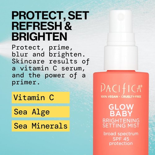 Pacifica Glow Baby Brightening Setting Spray - SPF 45 UVA/UVB Protection | Vegan Facial Mist, 1.7 fl oz