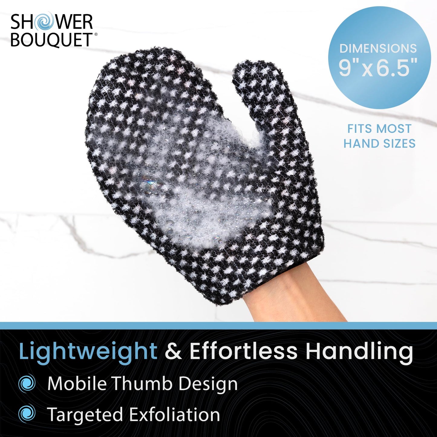 Japanese Exfoliating Mitt for Shower [1-Pack, White] - Charcoal & Silver Ion Exfoliating Glove - Gentle Exfoliation & Deep Cleansing Shower Mitt - Exfoliating Body Scrubber Glove, Soft Fabric Inside