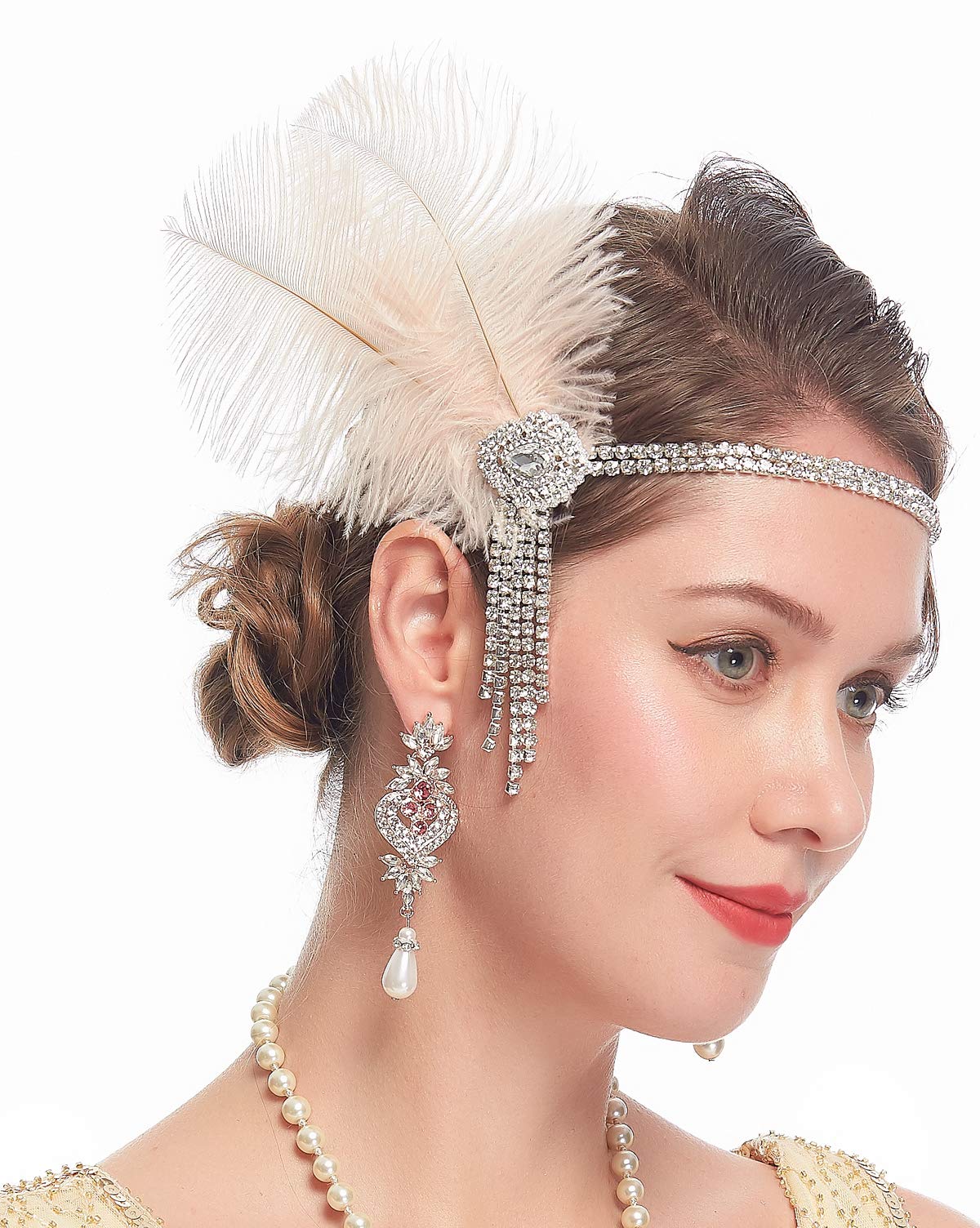 Cizoe 1920s Feather Flapper Headband Roaring 20s Headpiece Great Gatsby Hair Accessories for Women(A-nude)