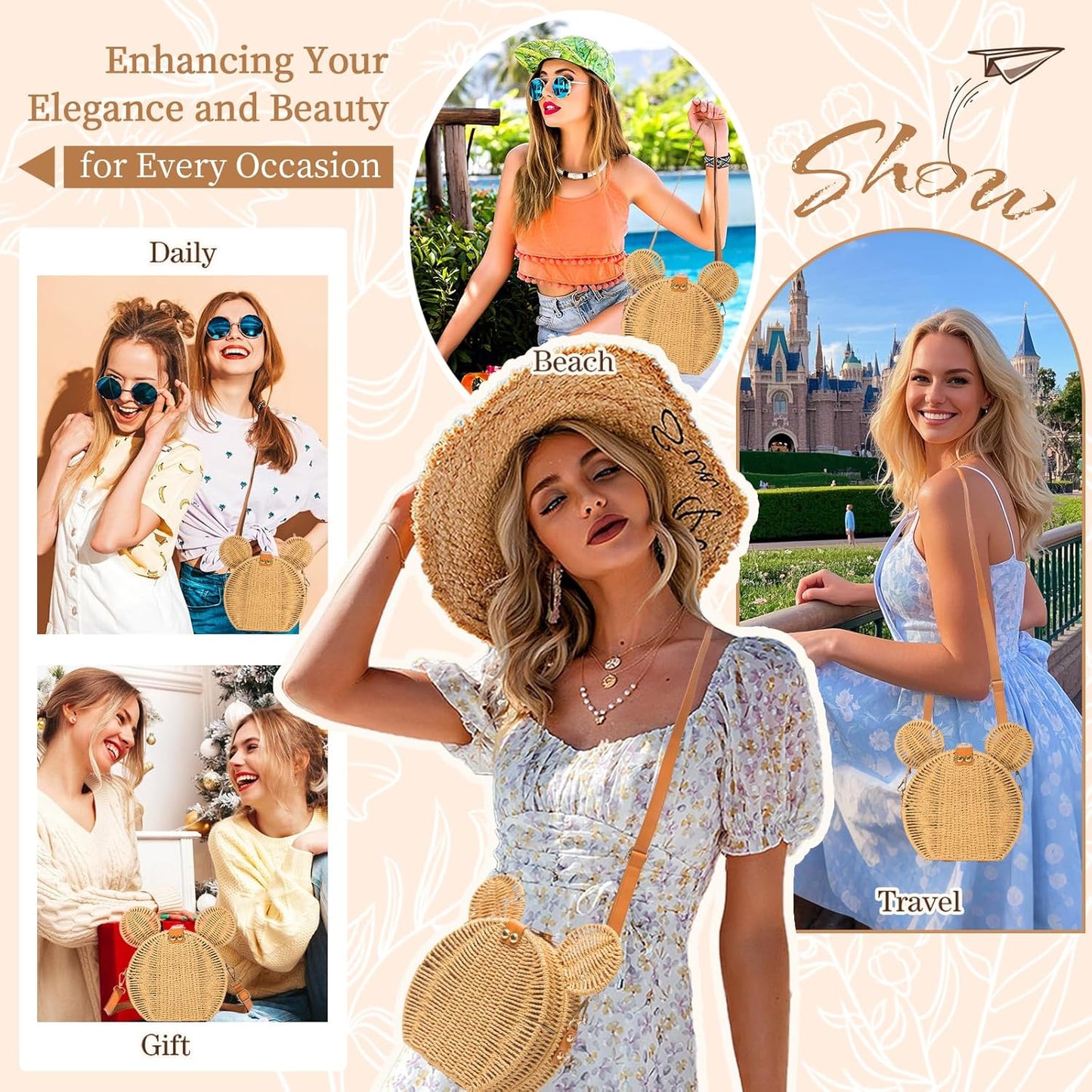 Skiennix Round Rattan Straw Bag - Handmade Wicker Purse with Cute Mouse Ears | Crossbody Shoulder Bag