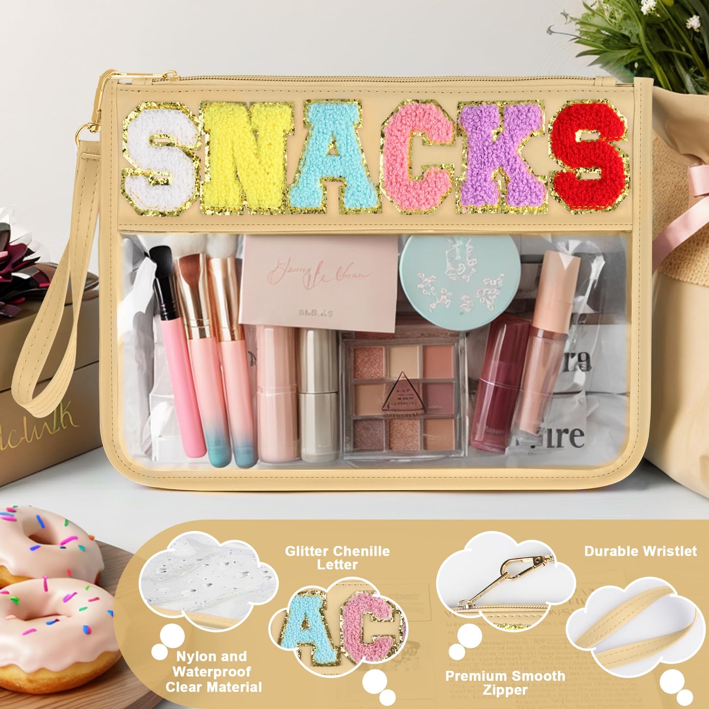Snack Bag for Travel - Clear Chenille Varsity Letter Flat Pouch with Zipper, Waterproof Clear PVC&PU Preppy Patch Makeup Cosmetic tote Bags for Women Girls (Beige-Snacks)