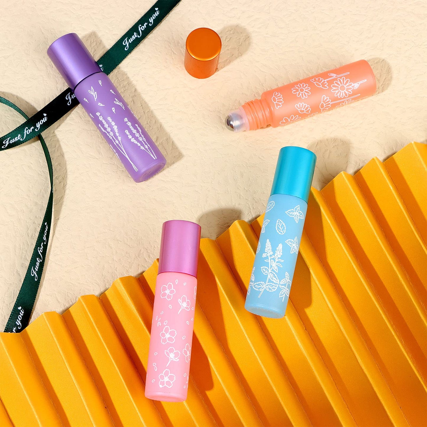 Essential Oil Roller Bottles,10ml Roll on Bottle with Stainless Steel Balls,8 Pack Portable Refillable Colorful Frosted Perfume Sample Bottles DIY Empty Containers for Lip Oil,Opener&Dropper included