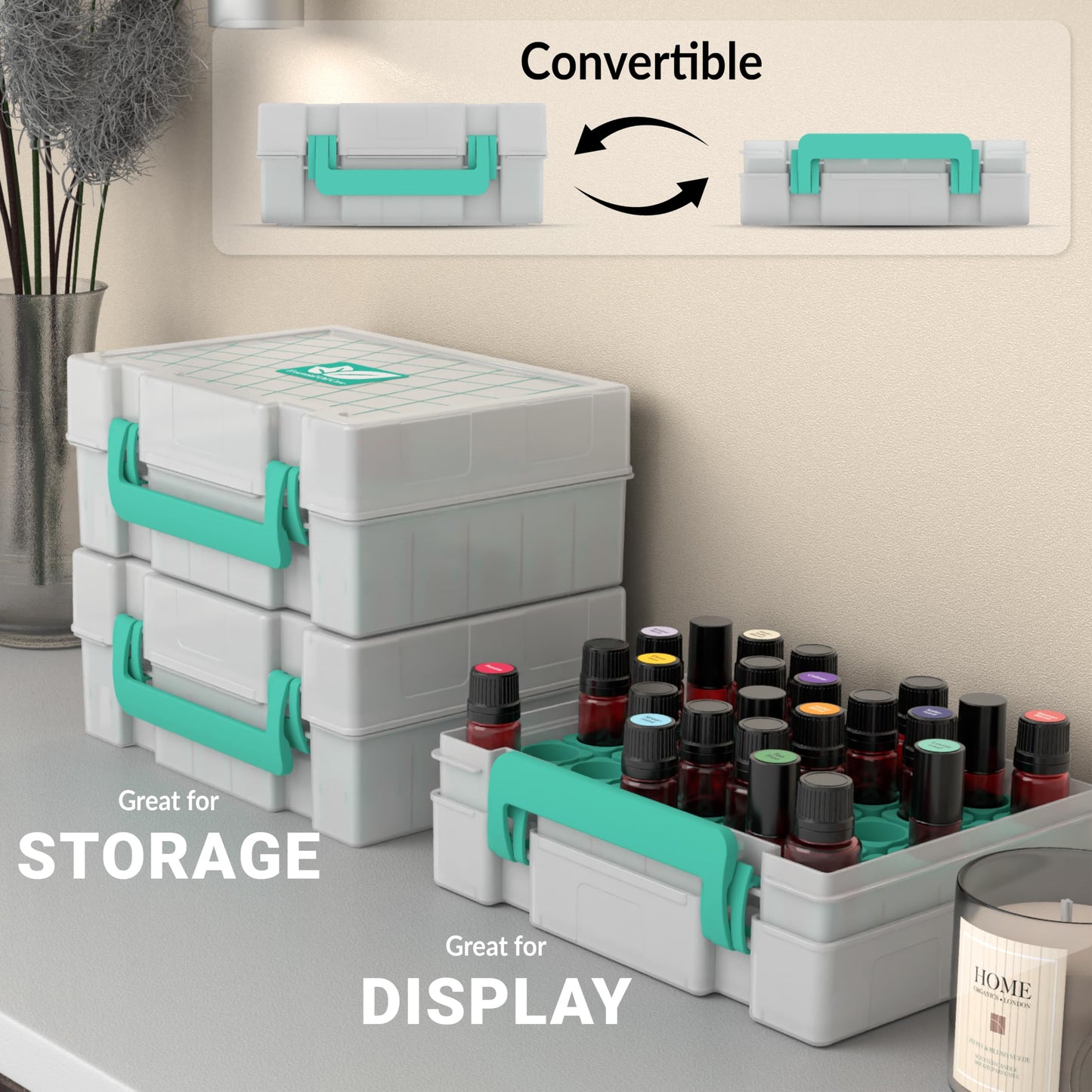GPG2 Essential Oil Organizer, 35-Bottle Essential Oil Storage Case for Shelf & Travel, Hard Carrying Case for doTERRA, Young Living, 5ml/10ml/15ml/Roller Bottles, Stickers Included, Teal