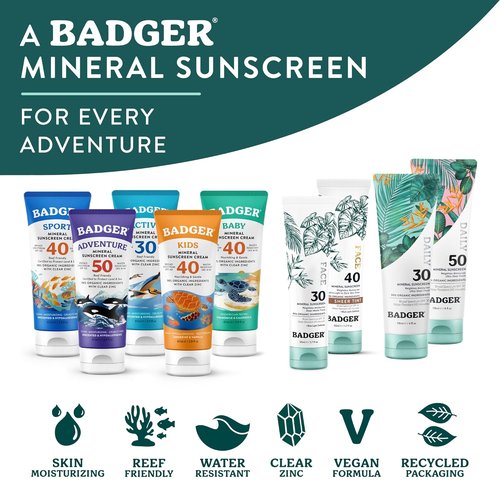 Badger Mineral Sunscreen SPF 30 - Lightweight, Moisturizing & Reef Safe | 4 fl oz, No White Cast