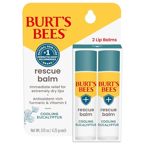 Burt's Bees Natural Rescue Lip Balm - Healing Beeswax & Turmeric for Dry Lips | 2 Tubes