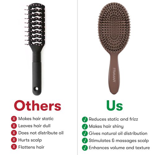 FRAMAR Soft Boar Bristle Hair Brush for Women - Enhances Volume & Shine | Chocolate Color