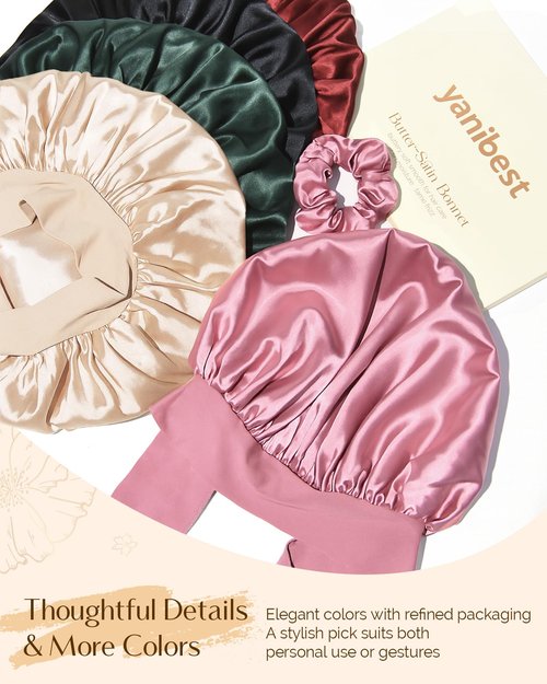 YANIBEST Adjustable Double Layer Satin Bonnet, Silk Hair Bonnet for Sleeping with Elastic Tie Curly Natural Hair Reduce frizz, Beanpaste Pink