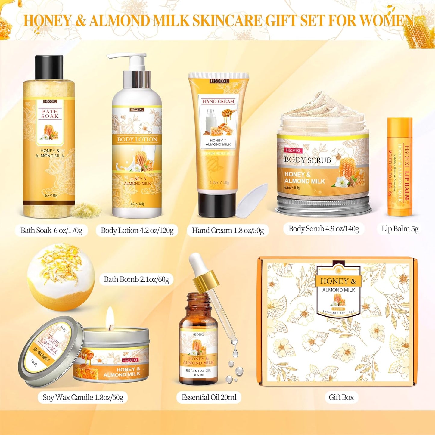 Skiennix 9-Pc Almond Milk & Honey Bath Gift Set - Relaxing Spa Essentials for Women | Perfect Birthday Gift