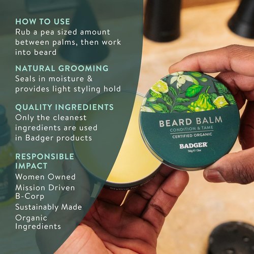 Badger Organic Beard Balm - Leave-In Conditioner & Moisturizer for Facial Hair | 2 oz