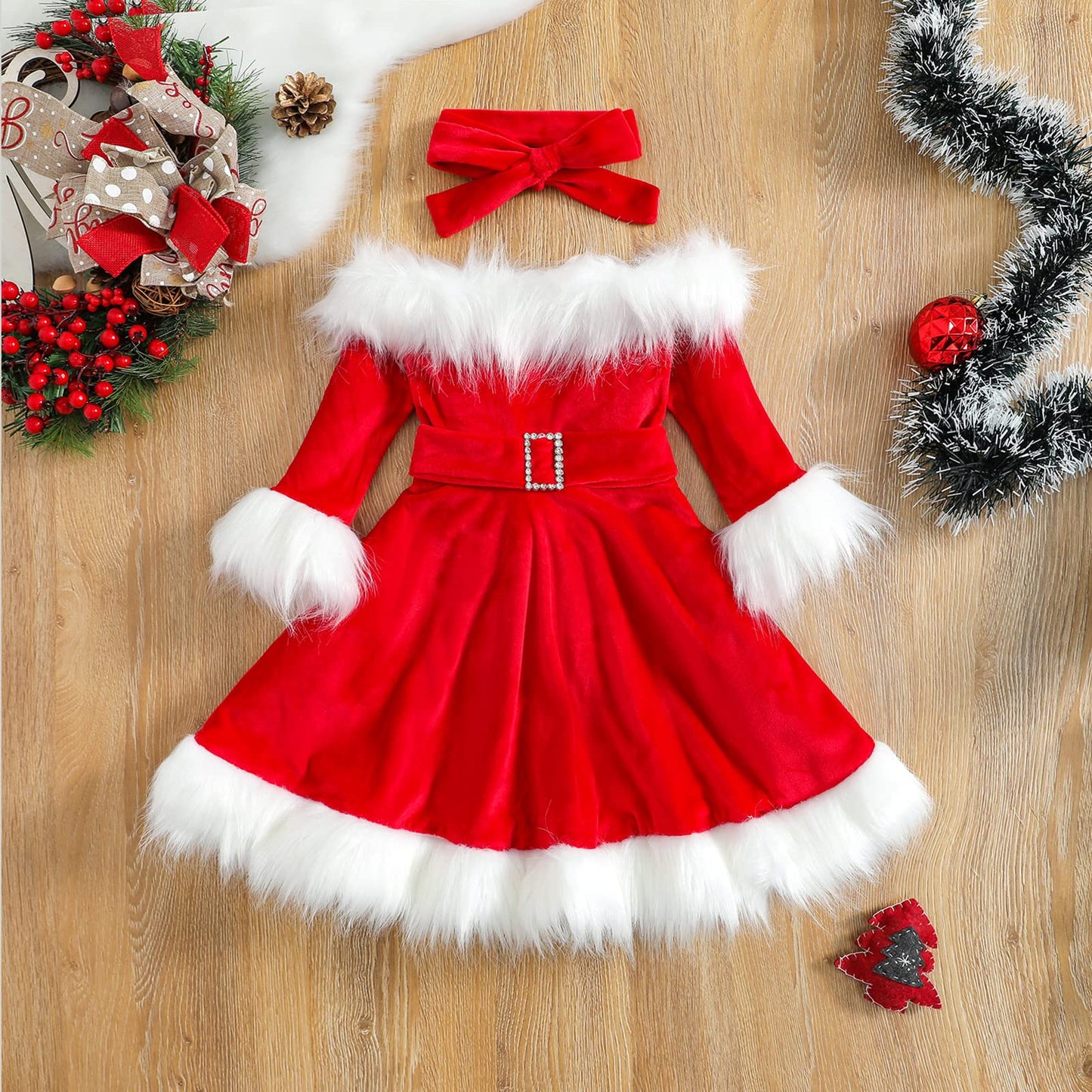 Springcmy Baby Girls Christmas Dress Velvet Santa Claus Dress Long Sleeve Plush Xmas Princess Party Cosplay Costume Dress (I-Red, 4-5 Years)