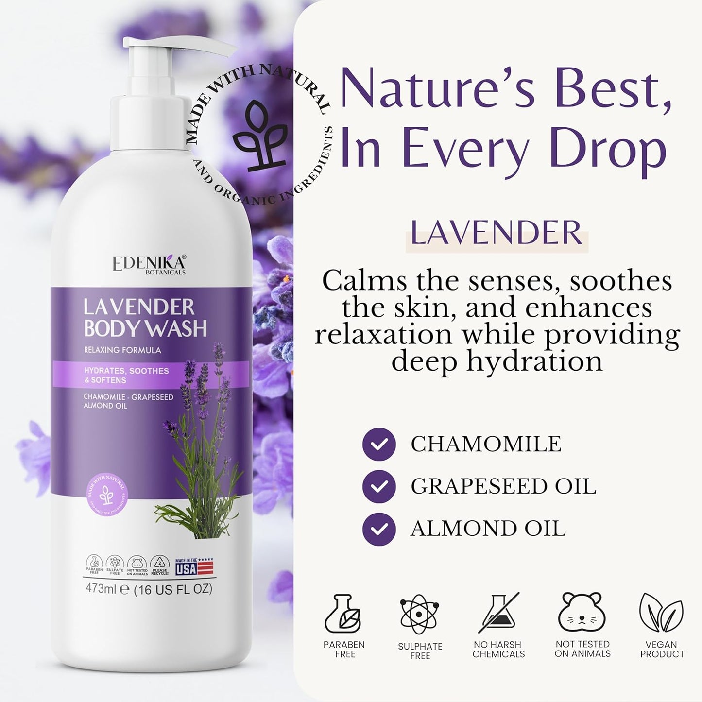 Edenika Lavender Body Wash - Vitamin E Infused, Moisturizing & Relaxing Shower Gel | 16 fl oz, 2-Pack