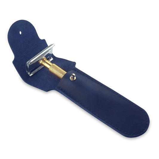 Safety Razor Head Protecting Leather Cover, Genuine Cowhide Leather Double Edge Safety Razor Case Accessories for Travel, Butterfly Razor Case (Blue)
