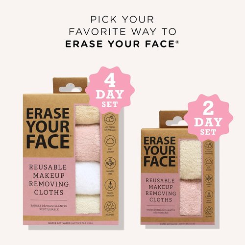ERASE YOUR FACE Makeup Remover Cloths - Reusable Microfiber Towels for Effortless Makeup Removal - Water Activated, Dual-Sided Design (4 Count)